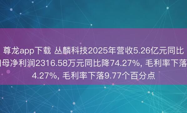 尊龙app下载 丛麟科技2025年营收5.26亿元同比降11.59%， 归母净利润2316.58万元同比降74.27%， 毛利率下落9.77个百分点